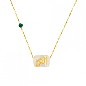 A silver chain in the name of Al-Jalalah Al-Noor, crafted on a white seashell with a malakit stone