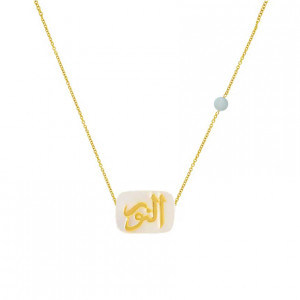 A silver chain in the name of Al-Jalalah Al-Noor, crafted on a white seashell with an aqumarin stone