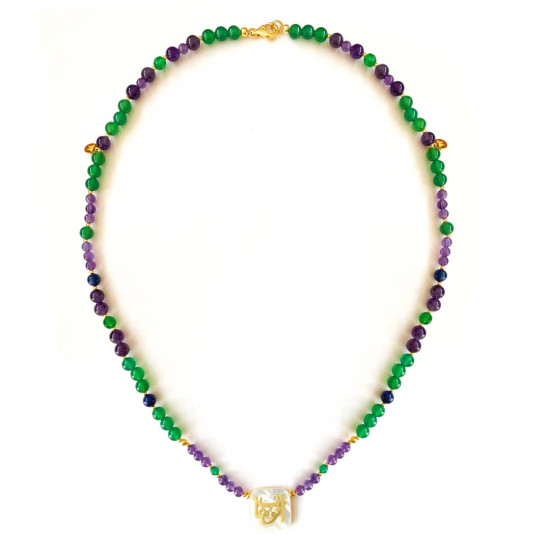 NECKLACE IN THE NAME OF GOD, MAJESTY (AL-WAHHAB) WITH GREEN AGATE, AMATHYST AND LAPIS