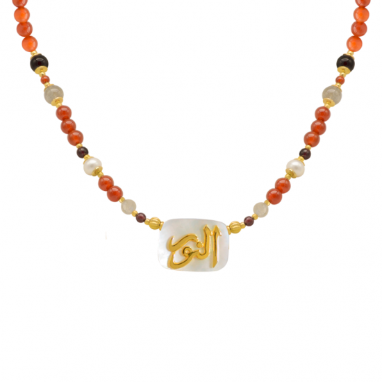 NECKLACE IN THE NAME OF GOD, MAJESTY (AL-NOOR) WITH GARNET , RED AGATE , LABRODORITE AND PEARL NECKLACE IN THE NAME OF GOD, MAJESTY (AL-NOOR) WITH GARNET , RED AGATE , LABRODORITE AND PEARL