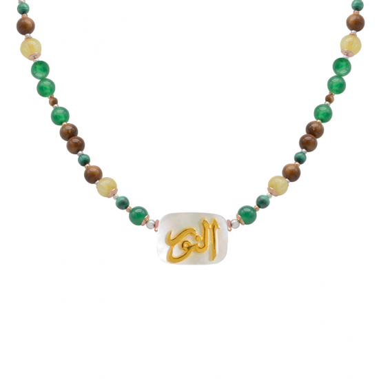 NECKLACE IN THE NAME OF GOD, MAJESTY (AL-NOOR) WITH GREEN AGATE , MALACHITE , GOLD thread stone and coke wood NECKLACE IN THE NAME OF GOD, MAJESTY (AL-NOOR) WITH GREEN AGATE , MALACHITE , GOLD thread stone and coke wood