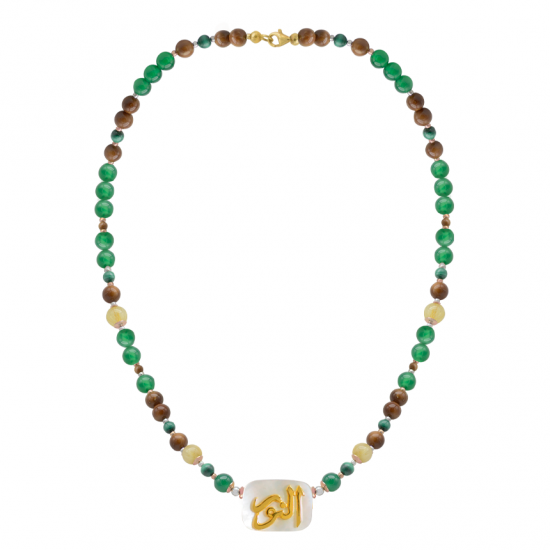 NECKLACE IN THE NAME OF GOD, MAJESTY (AL-NOOR) WITH GREEN AGATE , MALACHITE , GOLD thread stone and coke wood NECKLACE IN THE NAME OF GOD, MAJESTY (AL-NOOR) WITH GREEN AGATE , MALACHITE , GOLD thread stone and coke wood