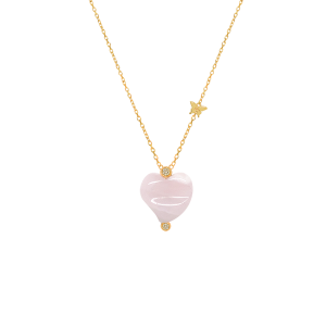 18K Gold Pink Quartz ( infinity )Heart Shaped Neckless, Studded With 2 Pieces Of Diamond