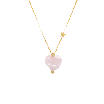 18K Gold Pink Quartz ( infinity )Heart Shaped Neckless, Studded With 2 Pieces Of Diamond