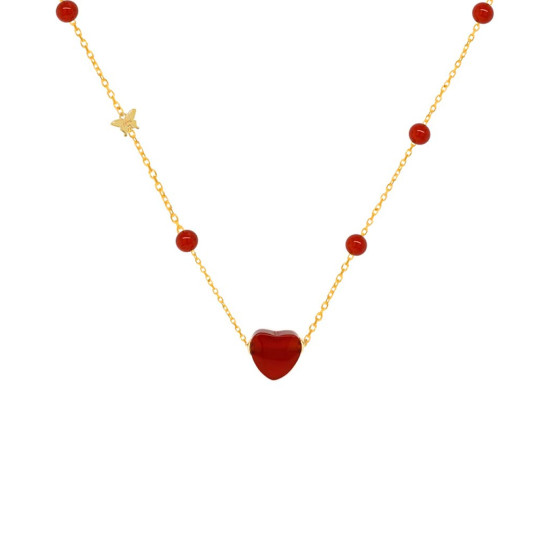 18K Gold (BEAUTY) HEART chain with red agate stones