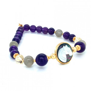Horse gold bracelet 18k with amethyst stone, labradorite and citrine
