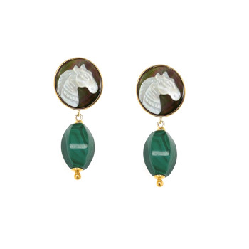 18K GOLD PLATED HORSE SHELL EARRING WITH MALACHITE STONE