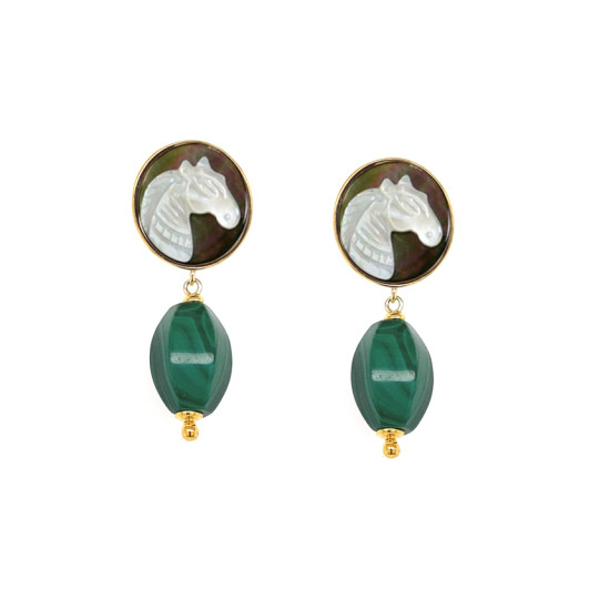 18K GOLD PLATED HORSE SHELL EARRING WITH MALACHITE STONE