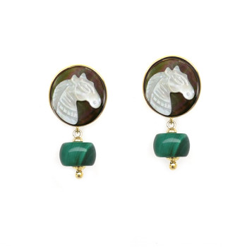 18K GOLD PLATED HORSE SHELL EARRING WITH SMALL MALACHITE STONE