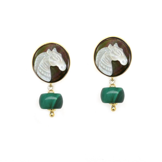 18K GOLD PLATED HORSE SHELL EARRING WITH SMALL MALACHITE STONE