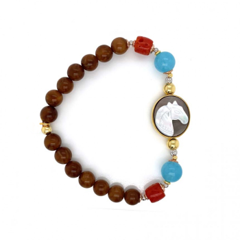 GOLD PLATED HORSE SHELL BRACELET WITH AQUAMARINE , CORAL , COKE WOOD 