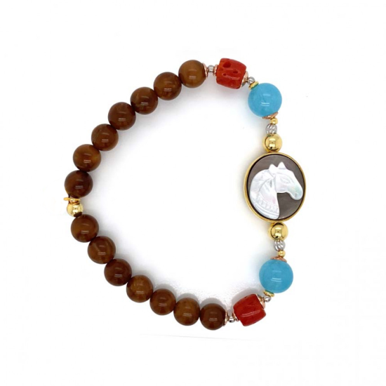 GOLD PLATED HORSE SHELL BRACELET WITH AQUAMARINE , CORAL , COKE WOOD 