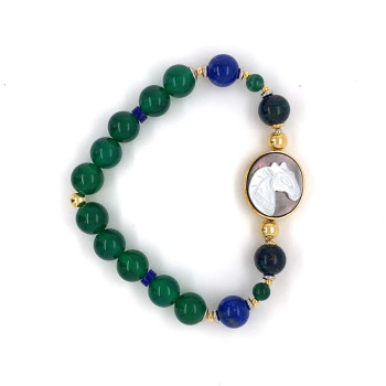 GOLD PLATED HORSE SHELL BRACELET WITH AZURITE, GREEN JADE, LAPIS AND GREEN AGATE