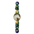 GOLD PLATED HORSE SHELL BRACELET WITH AZURITE, GREEN JADE, LAPIS AND GREEN AGATE