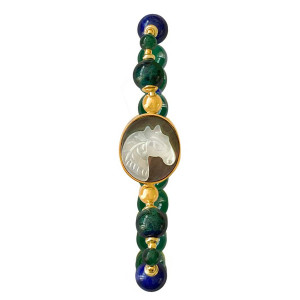 GOLD PLATED HORSE SHELL BRACELET WITH AZURITE, GREEN JADE, LAPIS AND GREEN AGATE