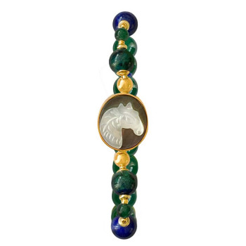GOLD PLATED HORSE SHELL BRACELET WITH AZURITE, GREEN JADE, LAPIS AND GREEN AGATE