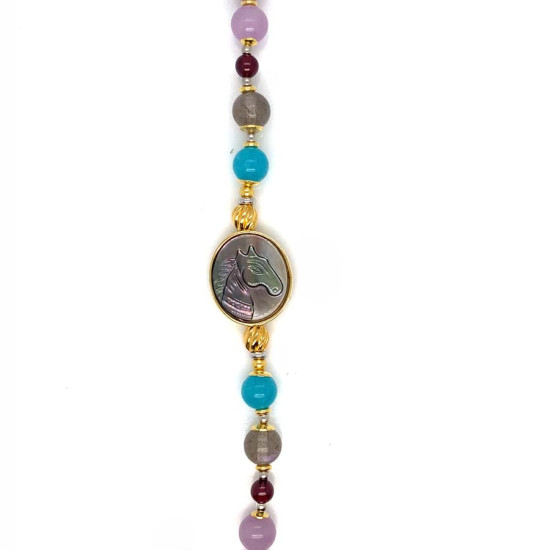 BLACK HORSE BRACELET WITH BLUE JADE, LABRADORITE, GARNET, AND KUNZITE