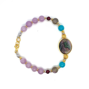 BLACK HORSE BRACELET WITH BLUE JADE, LABRADORITE, GARNET, AND KUNZITE
