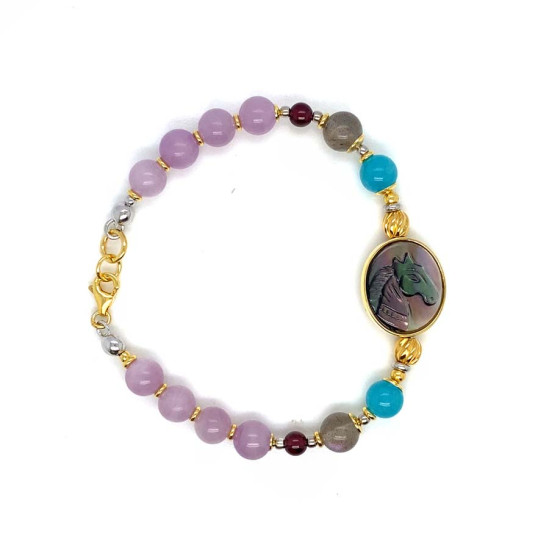 BLACK HORSE BRACELET WITH BLUE JADE, LABRADORITE, GARNET, AND KUNZITE