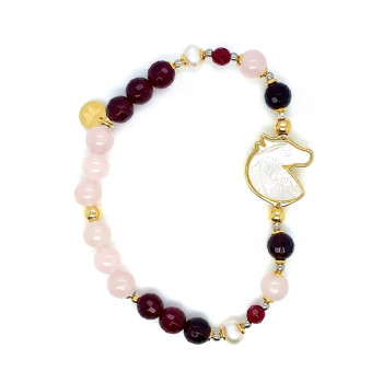 HORSE BRACELET WITH WHITE SHELL, RUBY AGATE, PEARL, AND PINK QUARTZ