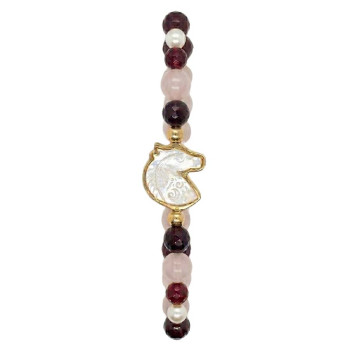 HORSE BRACELET WITH WHITE SHELL, RUBY AGATE, PEARL, AND PINK QUARTZ