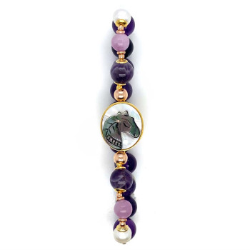 HORSE BRACELET WITH WAVY AMETHYST, KUNZITE, PEARL, AND AMETHYST
