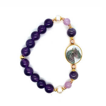 HORSE BRACELET WITH WAVY AMETHYST, KUNZITE, PEARL, AND AMETHYST