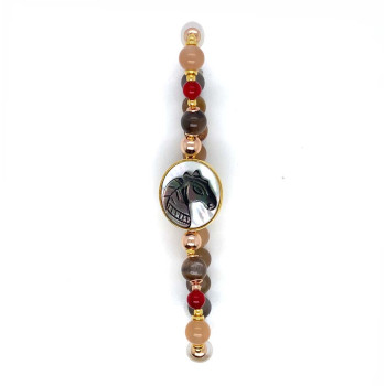 HORSE BRACELET WITH MULTICOLOR MOONSTONE, RUBY AGATE, AND PEARL