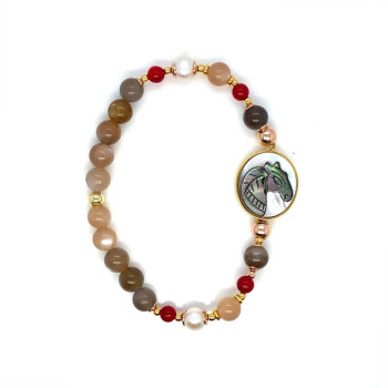 HORSE BRACELET WITH MULTICOLOR MOONSTONE, RUBY AGATE, AND PEARL