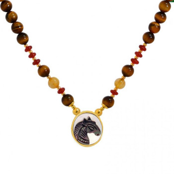 HORSE SEASHELL NECKLACE WITH TIGER EYE STONE, RED AGATE, PEARL, AND CITRINE STONE