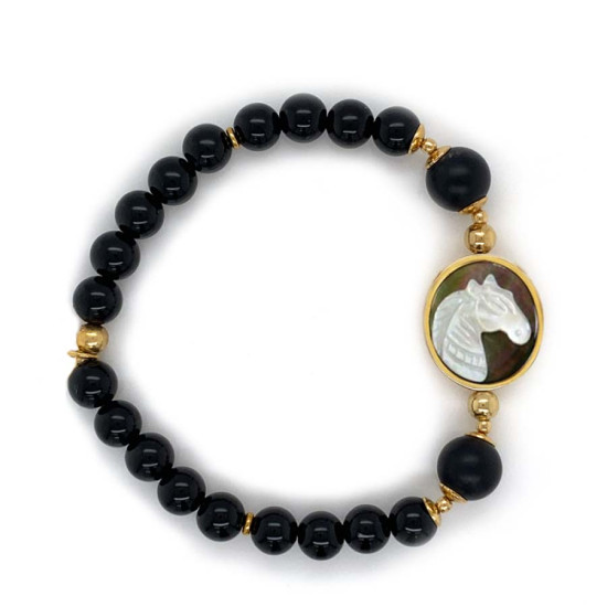 GOLD PLATED WHITE HORSE SHELL BRACELET WITH ONYX