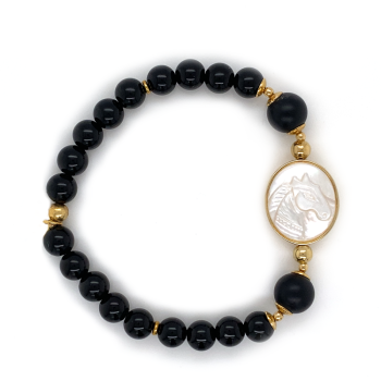 GOLD PLATED WHITE HORSE SHELL BRACELET WITH ONYX