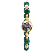 GOLD PLATED HORSE SHELL BRACELET WITH MALACHITE STONE, PEARL AND GREEN AGATE