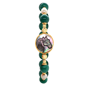 GOLD PLATED HORSE SHELL BRACELET WITH MALACHITE STONE, PEARL AND GREEN AGATE