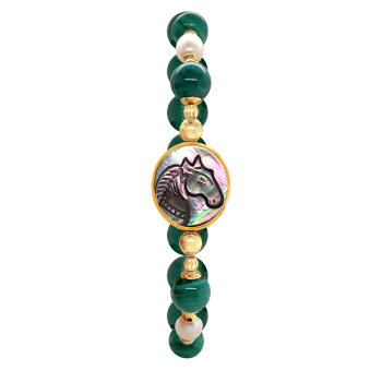 GOLD PLATED HORSE SHELL BRACELET WITH MALACHITE STONE, PEARL AND GREEN AGATE