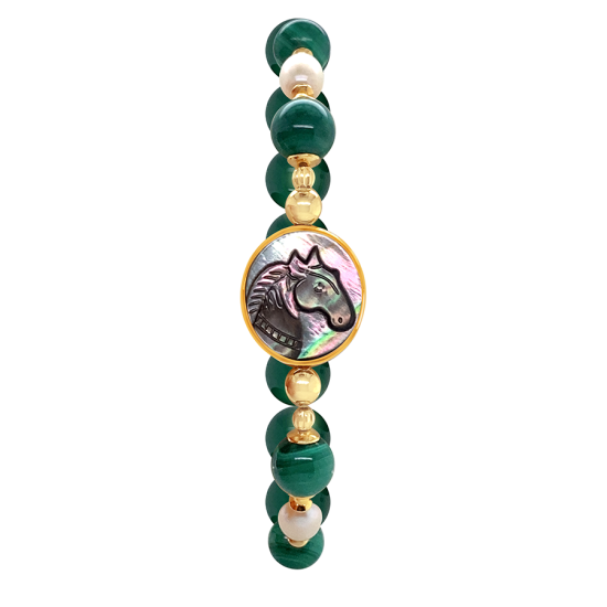GOLD PLATED HORSE SHELL BRACELET WITH MALACHITE STONE, PEARL AND GREEN AGATE