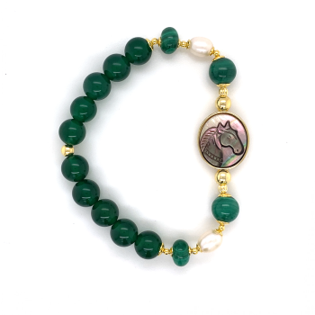 GOLD PLATED HORSE SHELL BRACELET WITH MALACHITE STONE, PEARL AND GREEN AGATE