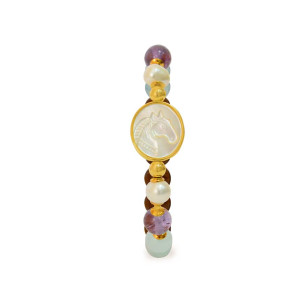  Horse seashell bracelet with Aquamarine, pearls, amastrin, and coke