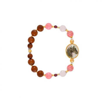 Horse shell bracelet with rhodochrosite, pink quartz stone and coke wood