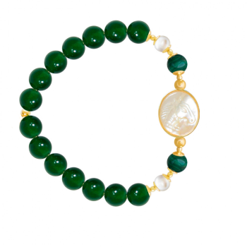 Horse shell bracelet with malachite stone, pearl and green agate