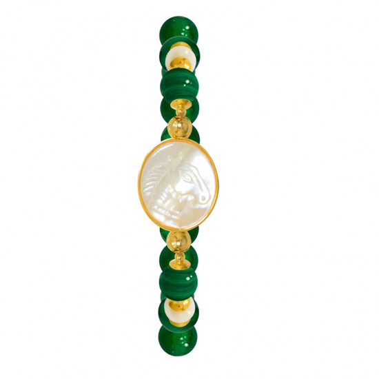 Horse shell bracelet with malachite stone, pearl and green agate