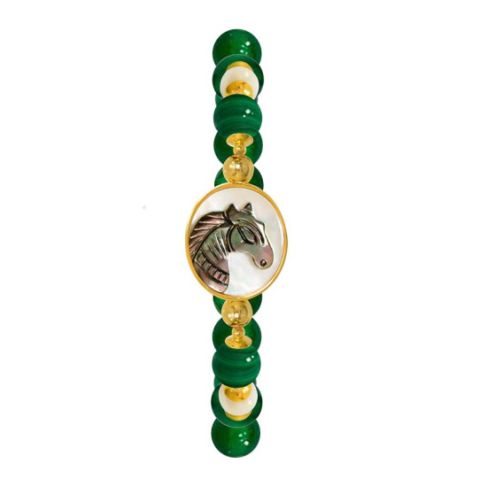 Horse shell bracelet with malachite stone, pearl and green agate