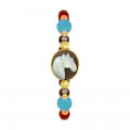 GOLD PLATED HORSE SHELL BRACELET WITH AQUAMARINE , CORAL , COKE WOOD 