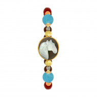 GOLD PLATED HORSE SHELL BRACELET WITH AQUAMARINE , CORAL , COKE WOOD 