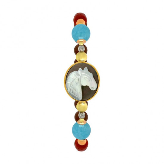 GOLD PLATED HORSE SHELL BRACELET WITH AQUAMARINE , CORAL , COKE WOOD 