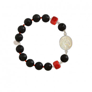 A horse seashell with a volcanic stone, a red coral stone, and a red agate stone