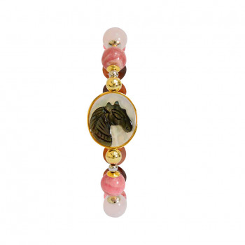 Horse shell bracelet with rhodochrosite, pink quartz stone and coke wood