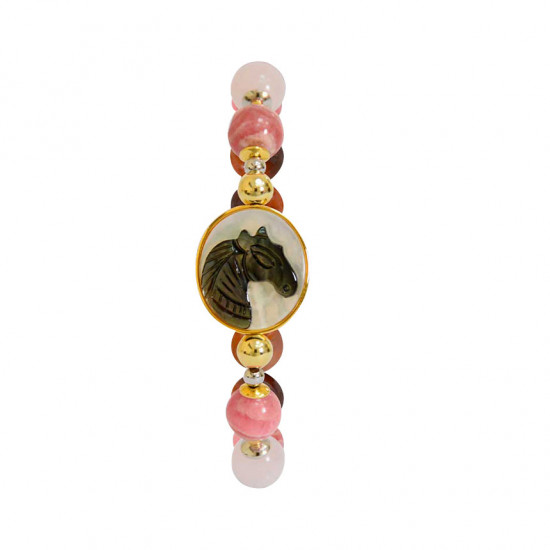 Horse shell bracelet with rhodochrosite, pink quartz stone and coke wood