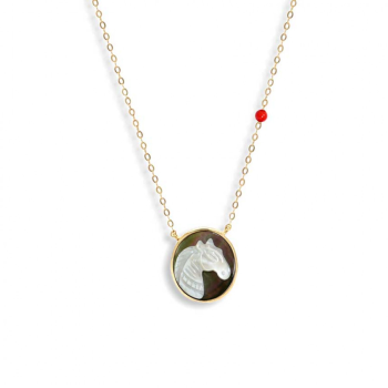 Gold-plated Silver chain of prominent white and black horse seashell with a red coral stone