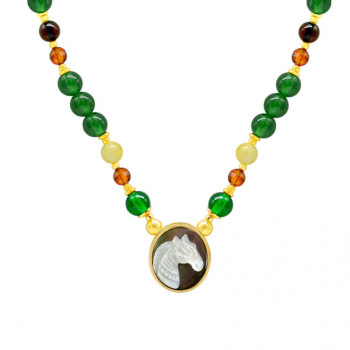 Horse seashell necklace with green agate and amber colored stone